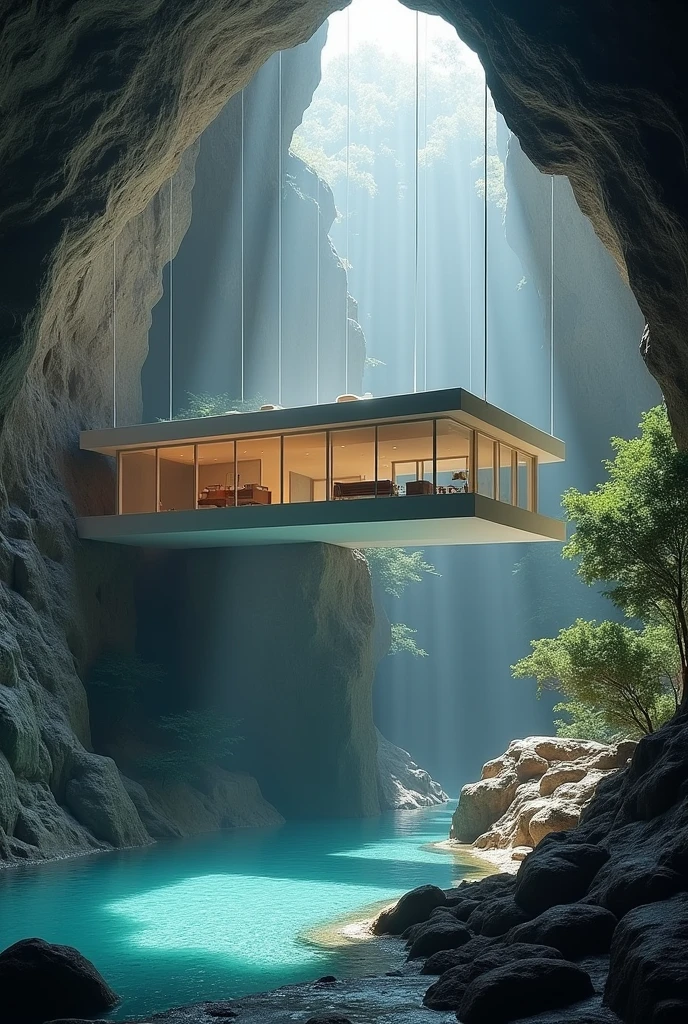 A large modern house with a swimming pool and large bay windows hangs from the ceiling of a huge cave