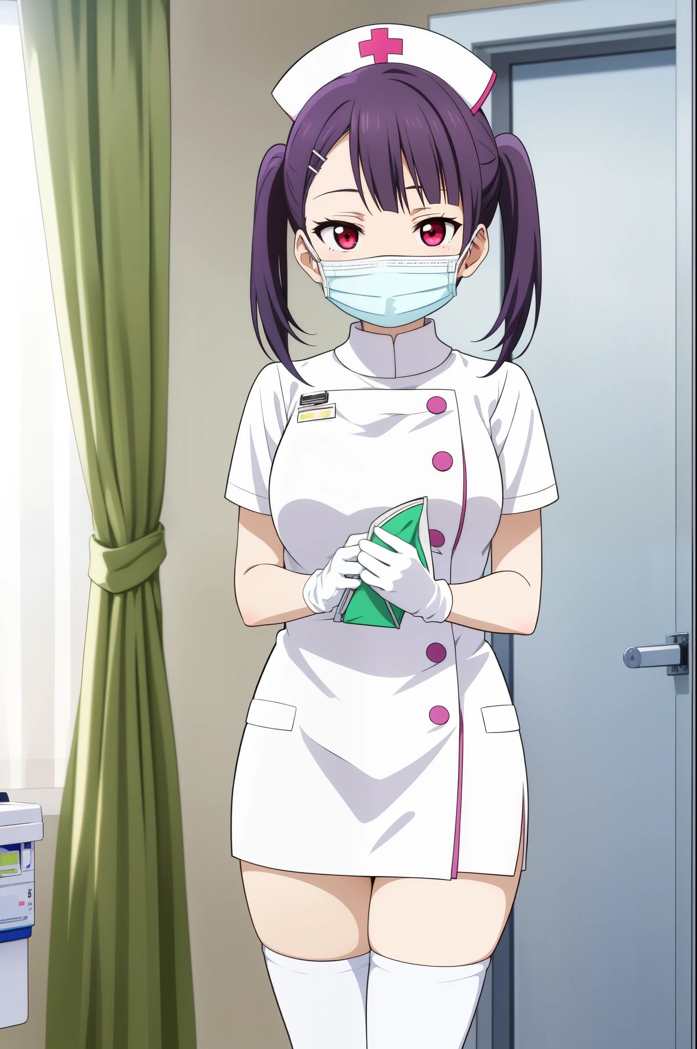 1woman, solo, nurse, white nurse cap, white nurse uniform, ((white legwear, zettai ryouiki)), white gloves, long hair, purple hair, red eyes, ((white surgical mask, covered nose)), standing, ((hospital room)), sharp outline, short sleeves, mature female, 35yo, best quality, masterpiece