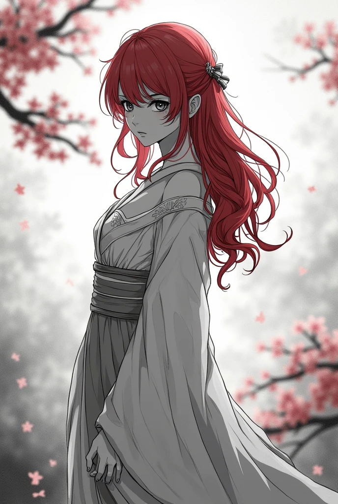 Monochrome Manga art style, melancholy female character, striking crimson hair cascading in waves, expressive sad eyes reflecting deep emotion, elegantly clothed in a flowing, modest garment that enhances her gentle silhouette, intricate fabric details and delicate folds accentuating vulnerability, standing amidst a softly blurred backdrop of an ethereal landscape, monochrome tones creating stark contrasts, intricate line work defining elements of her attire, eyes filled with longing, poignant atmosphere surrounding the character, unobtrusive background elements like faint cherry blossoms, swirling mist adding depth without overshadowing her presence, composition centered on the character allowing for introspection, minimalistic yet evocative setting resonant with an emotional ambience, manga art techniques enhancing mood, clean lines emphasizing expressions and textures, soft gradients reflecting light and shadow play, capturing nuances of character, expressive storytelling through artistry, the intent to evoke a strong connection between audience and character, inviting viewers into her world of emotional complexity, executed with classic manga styling techniques to emphasize narrative depth