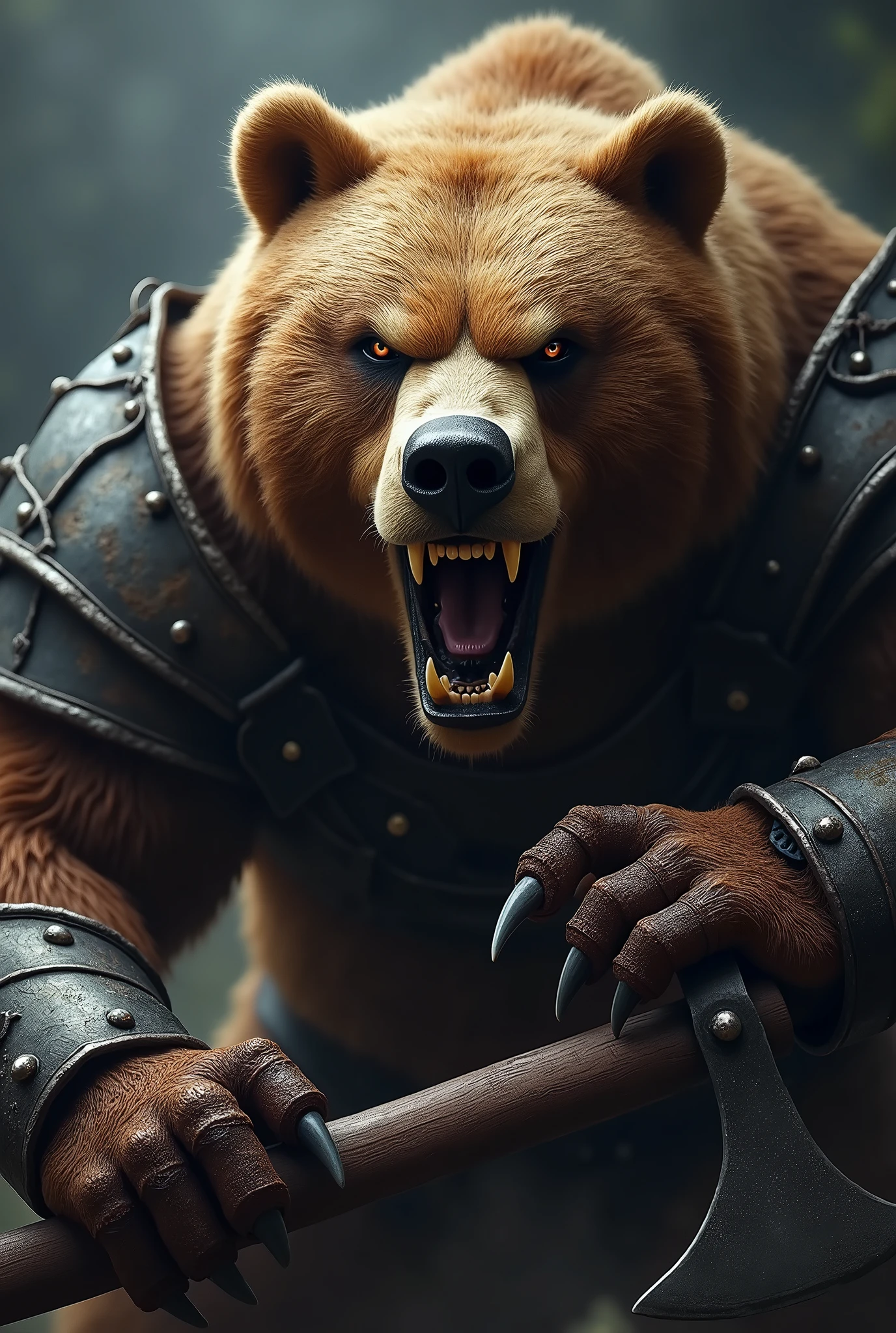 close up face angry warrior bear, open claws on display, attacking, battle armor, attacking com a pata, armed with an axe
