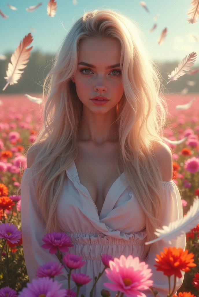 Sabrina carpenter digital art, on a colorful flower field, whitr feathers falling burning
