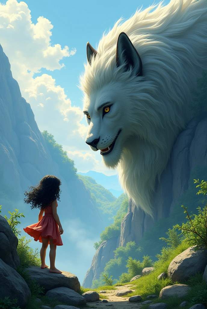 Create one of the images from this comic ?????.Maya is a girl with black and curly hair and Akira is a mountain.
Maya followed the voice until she found Akira., the spirit of the mountain.
Akira revealed to him that the earthquake was a wake-up call, a reminder that humanity had forgotten its connection to the earth.
Together, Maya and Akira set out on a mission to find Maya's family and restore balance to the village.. on their way, They met Dr.. Rivera, a geologist who sought to understand the earthquake and help the community.