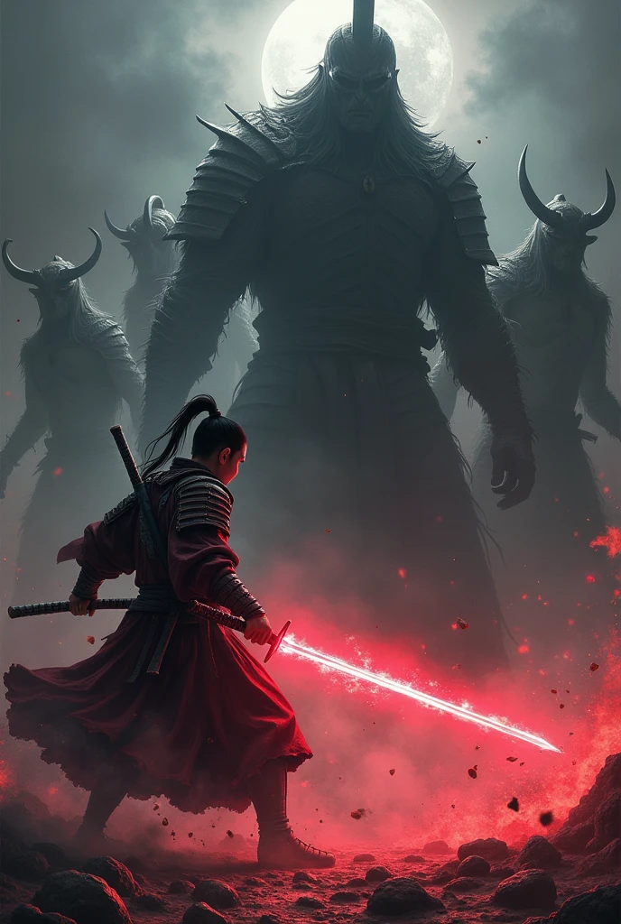 A fight scene between a young samurai who carries a katana that has a red aura against a big bad guy who is surrounded by 4 monstrous shadows
