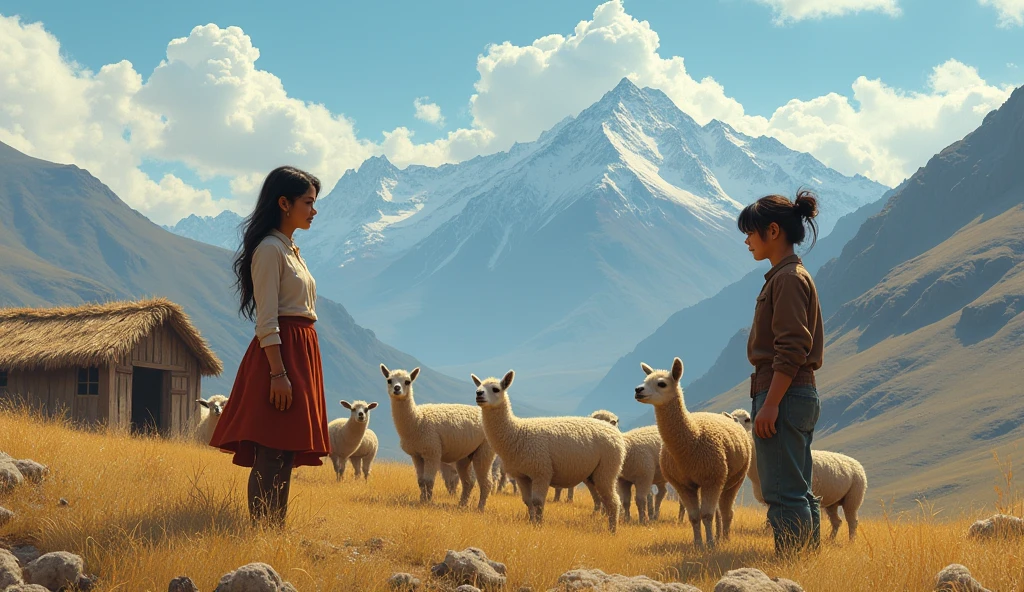 A 20-year-old young woman from the Peruvian Andes grazing 100 alpacas, Meeting a young man also from the Peruvian Andes, 1 , poor peasant grazing other people&#39;s animals . They both look at each other. with a house and the Andes in the background. Based on a book by José María Arguedas
 
