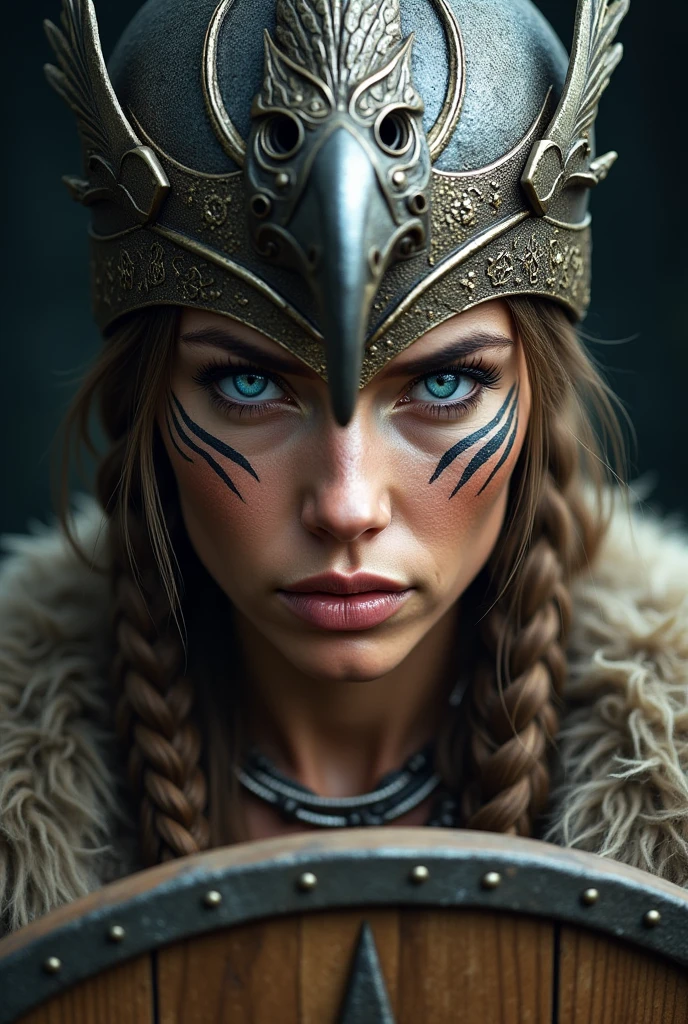 Close up face beautiful viking woman, wooden shield in hand , strong blue light in the eyes, eagle crown with many details , viking face paintings, Angry, bone necklace around the neck, battle armor, ready for war, braids in hair, blonde