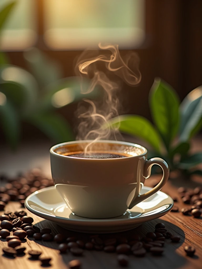 A close-up of a cup of coffee with steam on top of the table , On the table there are coffee beans and leaves