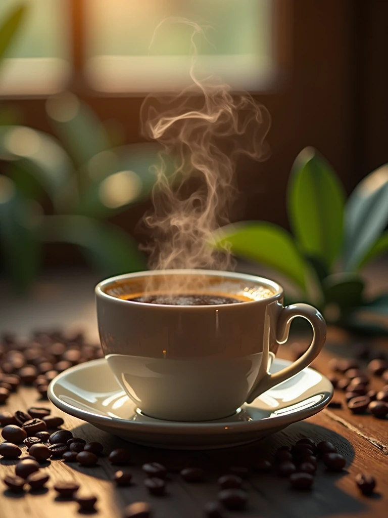 A close-up of a cup of coffee with steam on top of the table , On the table there are coffee beans and leaves