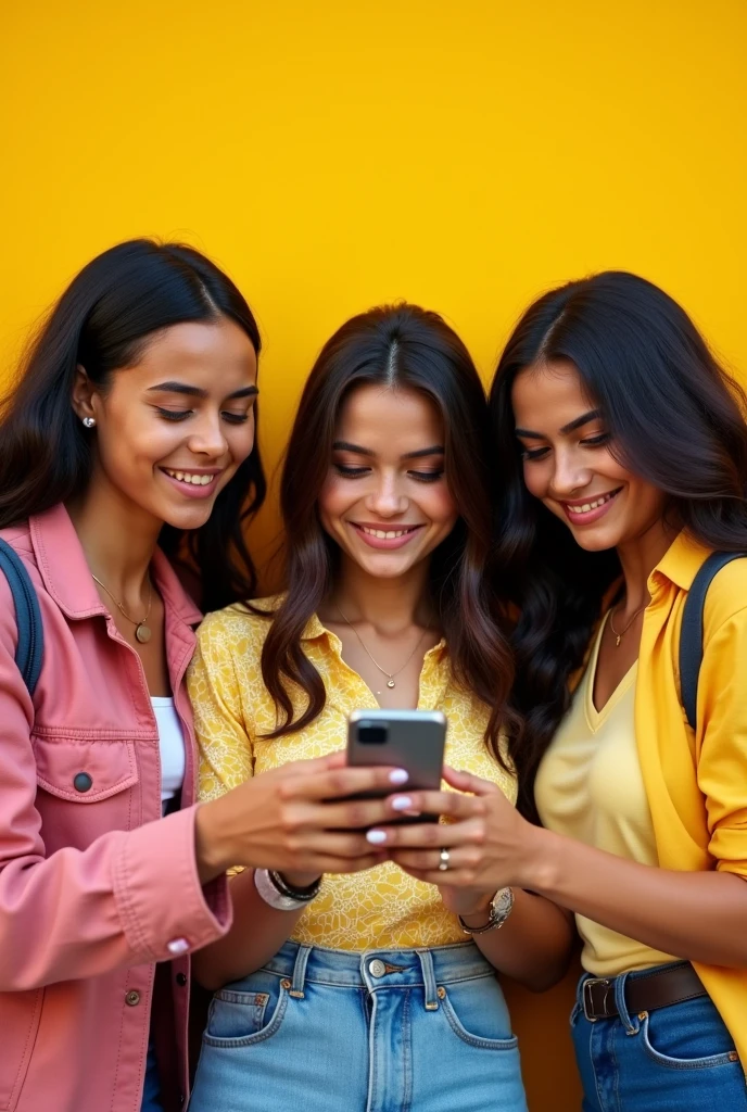 3 young Latin American woman from El Salvador using a mid-range cell phone with a yellow hex code background #ffbe00