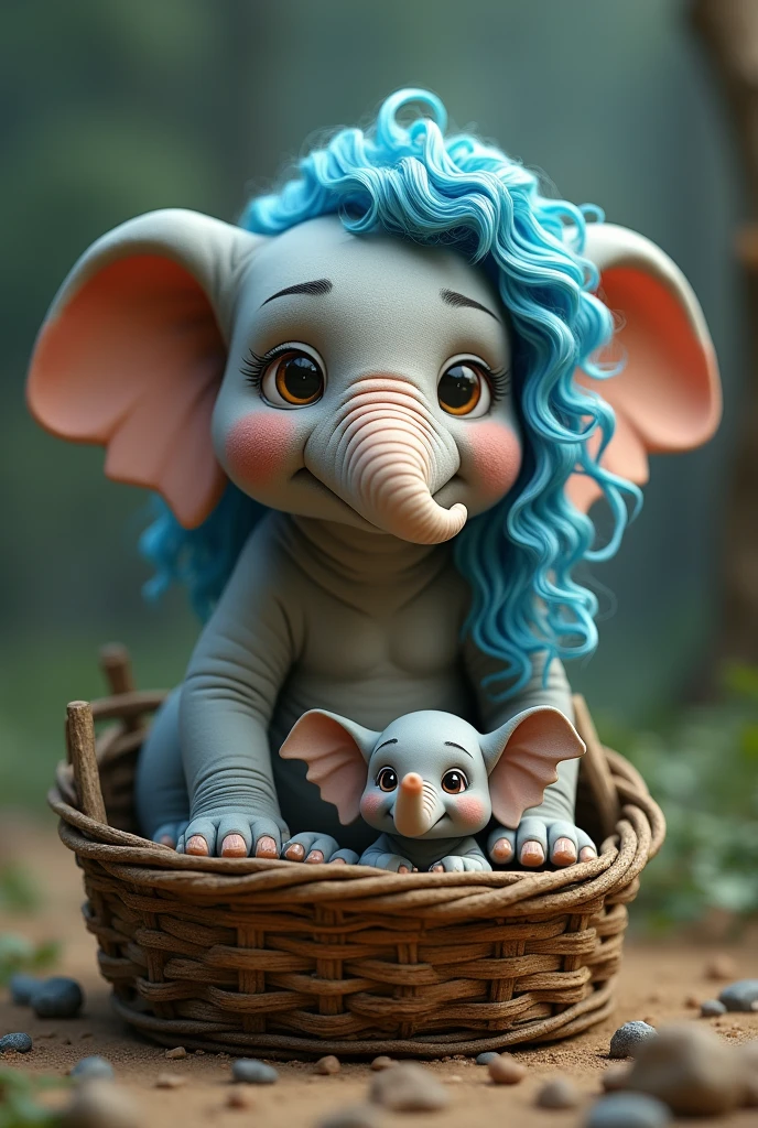 A female elephant with curly blue hair
On one side, there is an old wooden basket with a  elephant inside
style 3D