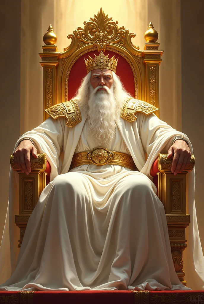 a great king sitting and leaning on a great and exalted throne all of gold. This king has a big white beard, very long white hair, white skin and a golden crown on his head. This being has white clothes, a golden belt and shoulder armor. this king is powerful and majestic.