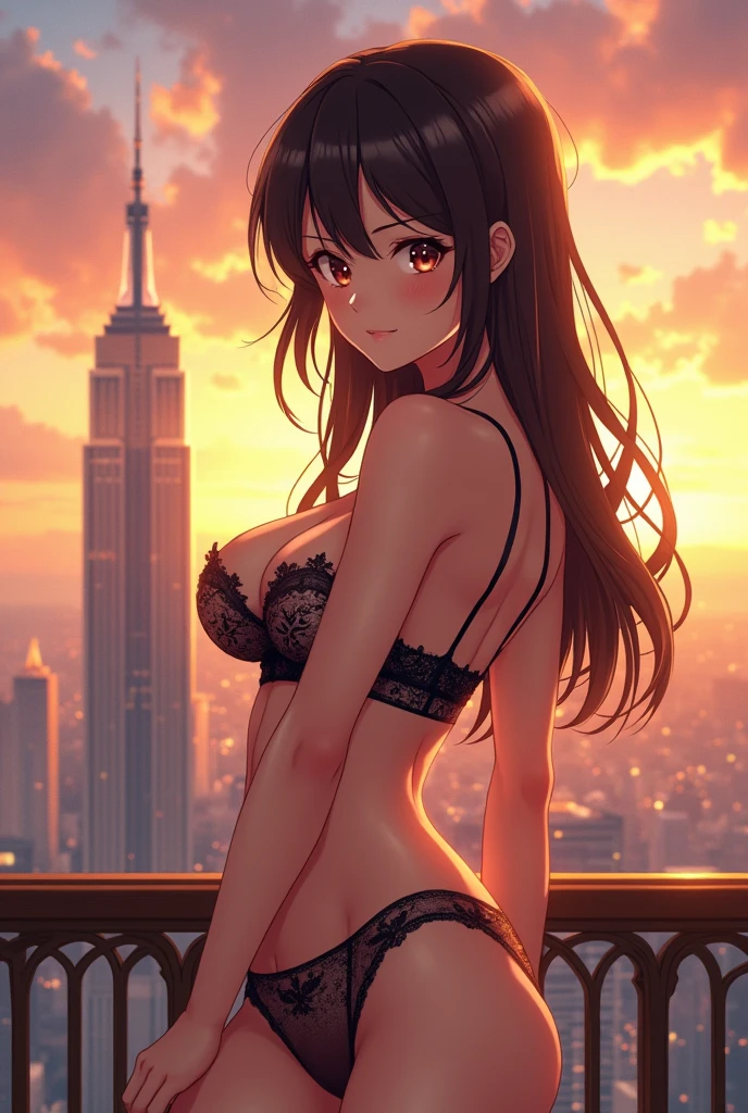 Bustier lingerie, anime girl, balcony, sky scraper