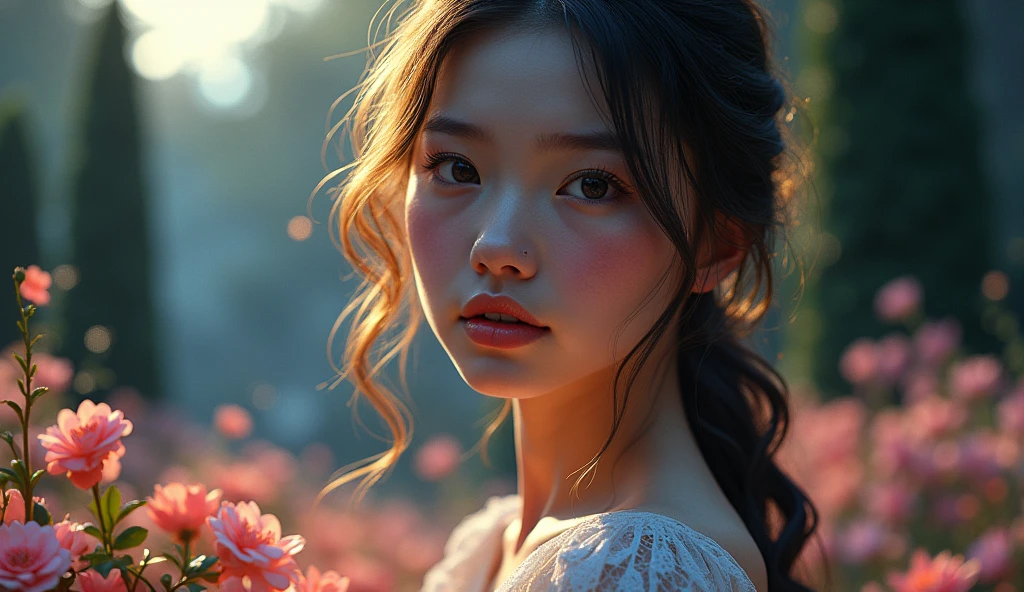 Extreme closeup of a very beautiful, charming and mesmerizing princess among a magical moonlit garden, flowers blooming at her feet