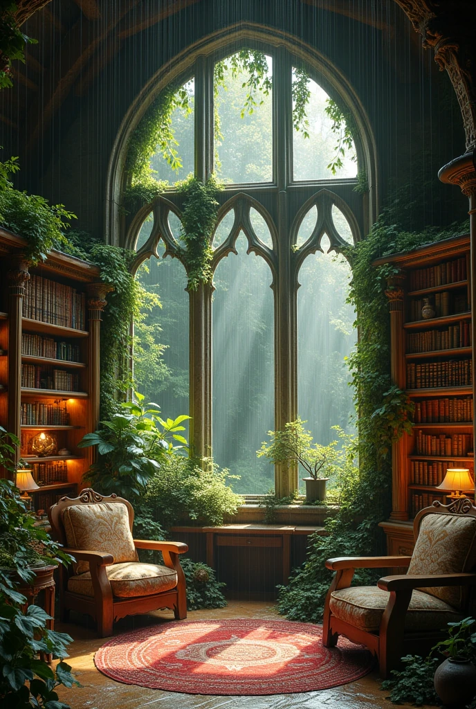 Image of the interior of a woodland fairy retreat a library with space for reading and creativity. Furniture with Gothic architectural features and views of nature. rainy daytime.