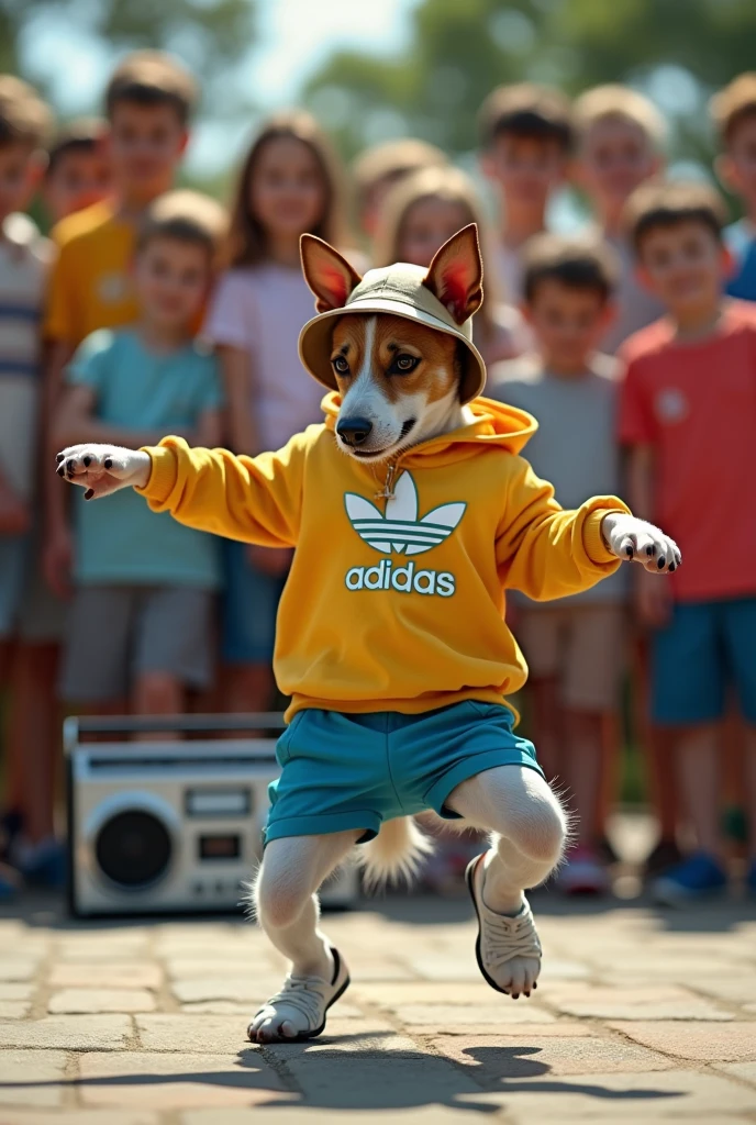 hyper-realistic photo of a jack russell wearing addidas clothes and bucket hat breakdancing in front of a crowd of children in a circle with a boombox in corner