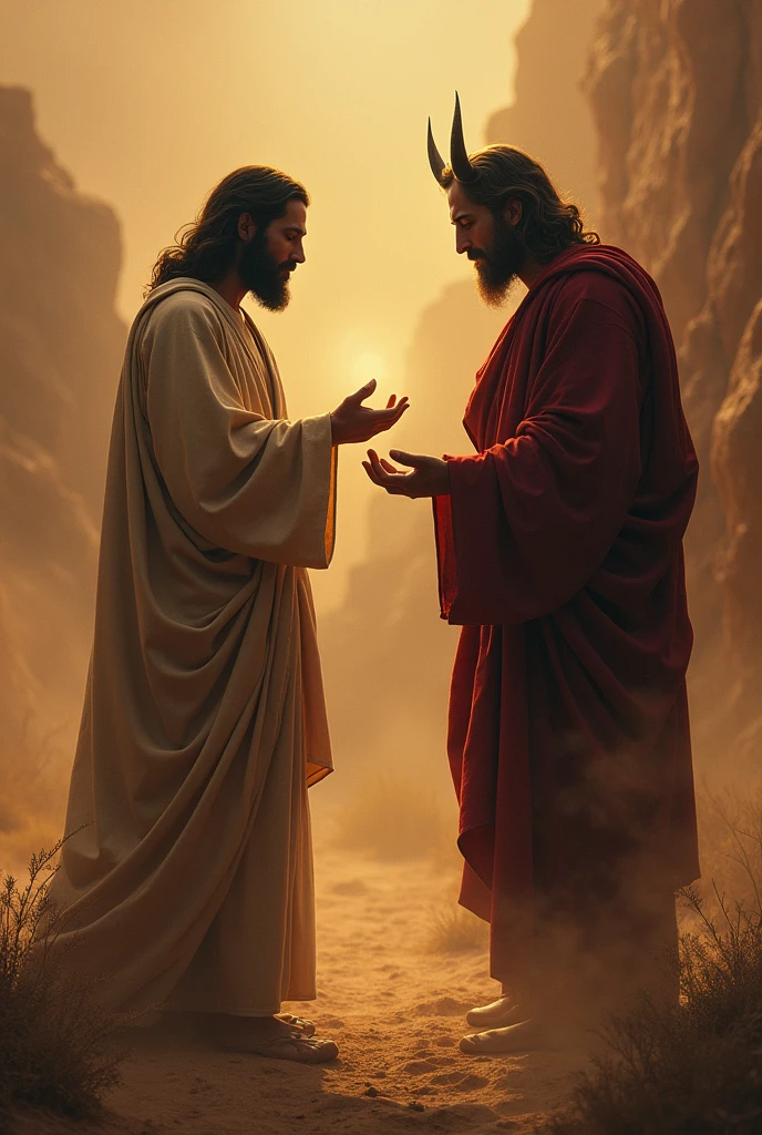 Create a tense and atmospheric image of Jesus and the Devil engaging in the temptation scene in the desert. Show Jesus in a moment of contemplation or resistance, while the Devil, depicted with a sinister and manipulative demeanor, offers alluring temptations. The background should feature a harsh, arid landscape with dramatic lighting and shadows to highlight the severity of the testing. The overall mood should reflect the gravity of spiritual conflict and the challenge of overcoming temptation.






