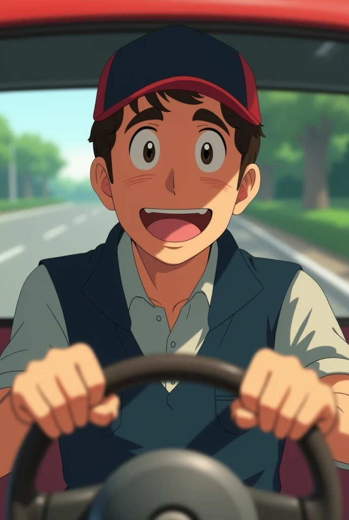 Delivery man。I drive a delivery vehicle。Holding the steering wheel with both hands, looking towards me。A big smile。A close-up angle。Ghibli style。