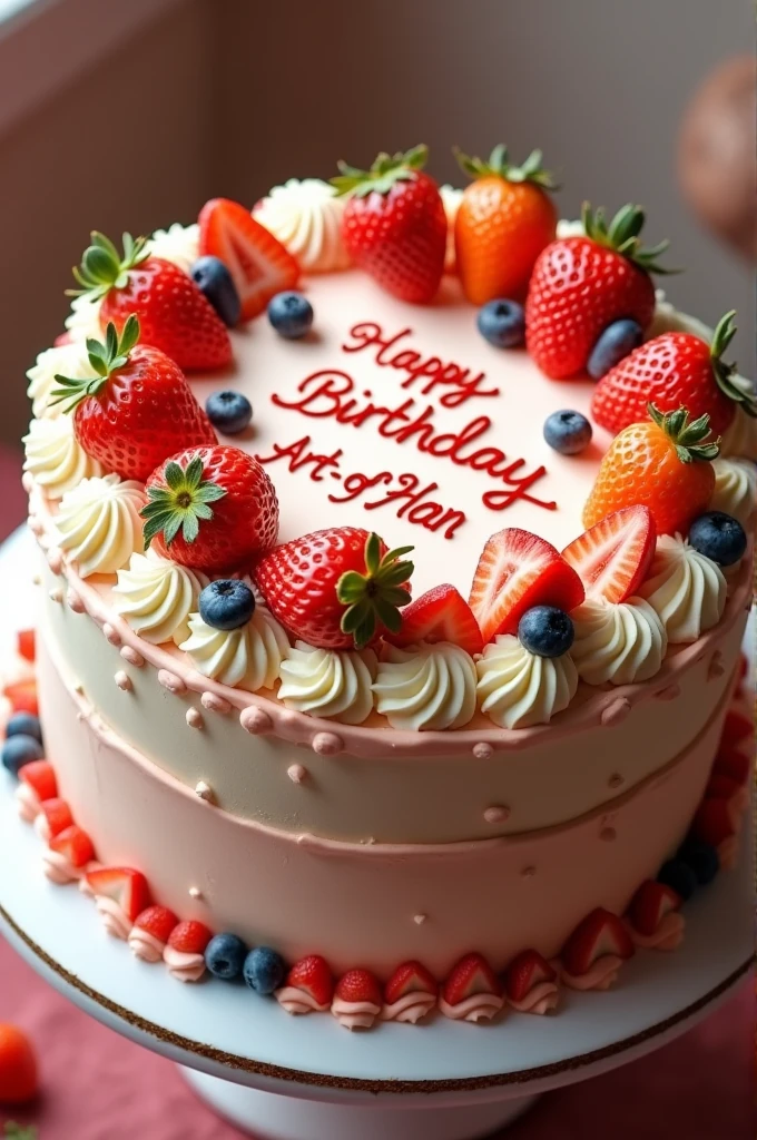 Imagine a magnificent birthday cake adorned with intricate designs and vibrant colors. The smooth, creamy frosting is topped with delicate piped rosettes and a bold "Happy Birthday Art - Of - Han" message. Fresh fruits add a refreshing contrast to the sweetness.