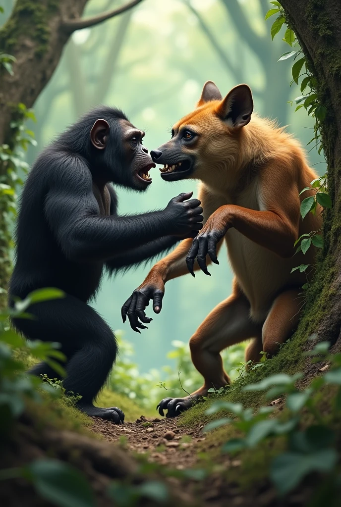 a chimpanzee attacking a brown hyena with dog paws in the middle of a forest, both must be the same size