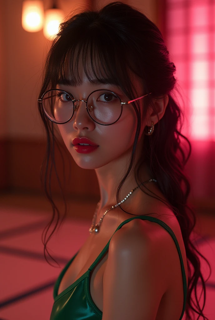 Chinese idol　mature woman　50 talents　big girl　((Wet reflective green school swimsuit.))　(Rimless glasses)　Chun Li　((Plump))　((Blonde with bangs))　((Japanese-style room with dark tatami mats at night))　Sweating　((sweat pouring down))　((ใบหน้าและร่างกายของฉันมีSweatingและเปียก.))　((Adult women full of pheromones))　　Shy and sexy face　(Beautiful makeup)　((plump lips with bright red lipstick))　((Provocative eye contact))　Duckbill　plump lips 　Tears flowing　((Tears flowings))　((รักแร้Sweatingสวยงาม))　Sweatingわきまんこ　Tropical Night　A sultry night　soaking wet　　The skin is wet and shiny.　((realistic armpit))　((Bright pink room))　The light in the room is pink..　Pink filter image