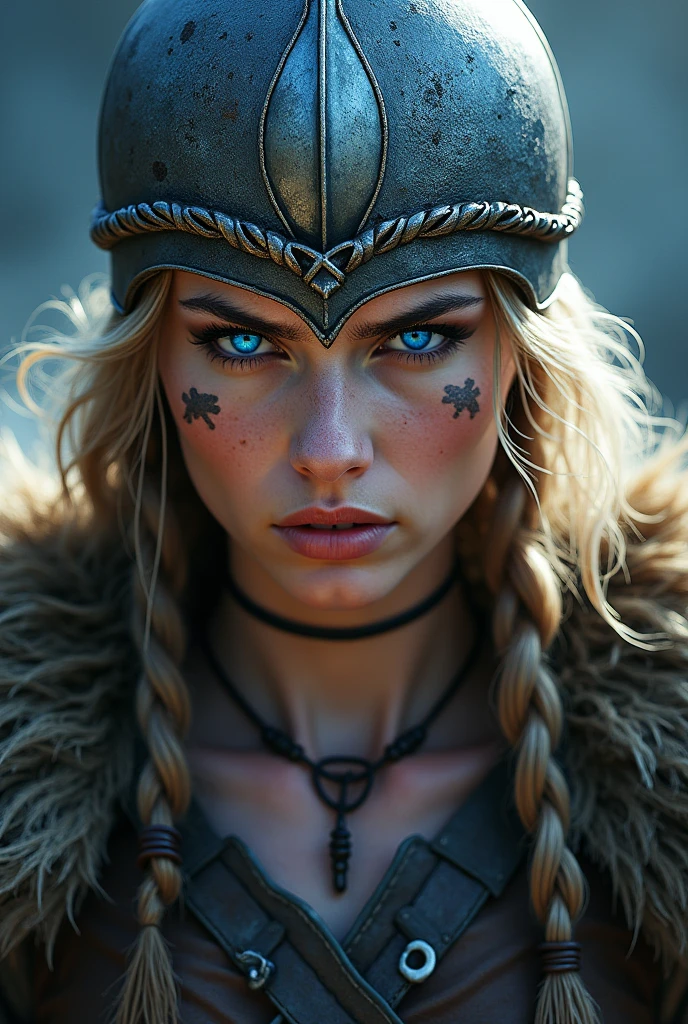 Close up face beautiful viking woman, wooden shield in hand , strong blue light in the eyes, eagle crown with many details , viking face tattoo, Angry, bone necklace around the neck, battle armor, ready for war, braids in hair, blonde