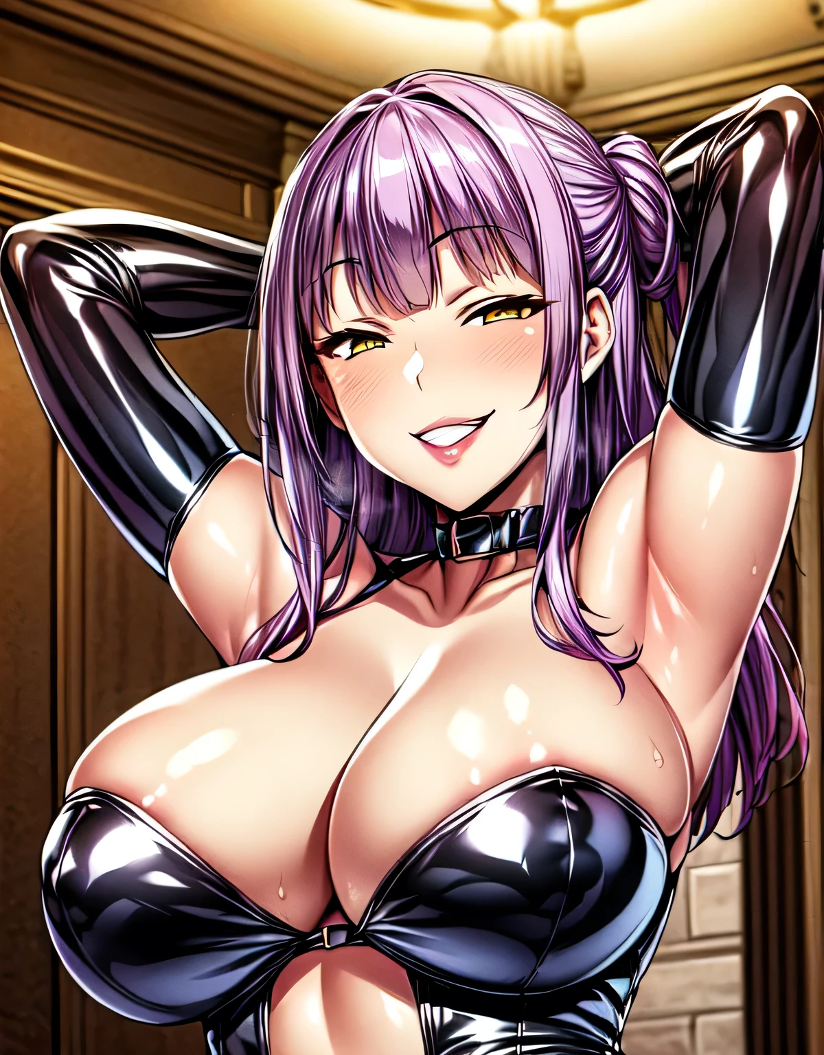 purple hair,(yellow eyes),semi-long hair,(huge breasts:1.2),(shiny,hair),((solo)),((masterpiece)),((best quality)),perfect anatomy,slim waist,perfect image,8k UHD,(beautiful detailed eyes:1.5),extremely detailed face,standing,(upper body:1.25),(look at the front:1.5),(arms behindback),ultra-detailed,absurdres,highres,corruption,(evil smile:1.5),(sensitive smile:1.5),(shiny skin),(latex),(deep cleavage:1.7),bare shoulders,navel,cleavage cutout,zipper,(black pvc leotard),(black pvc corset),gorgeous indoor room,(seductive smile:1.5),(purple lips),(erotic lips),(blunt bangs),