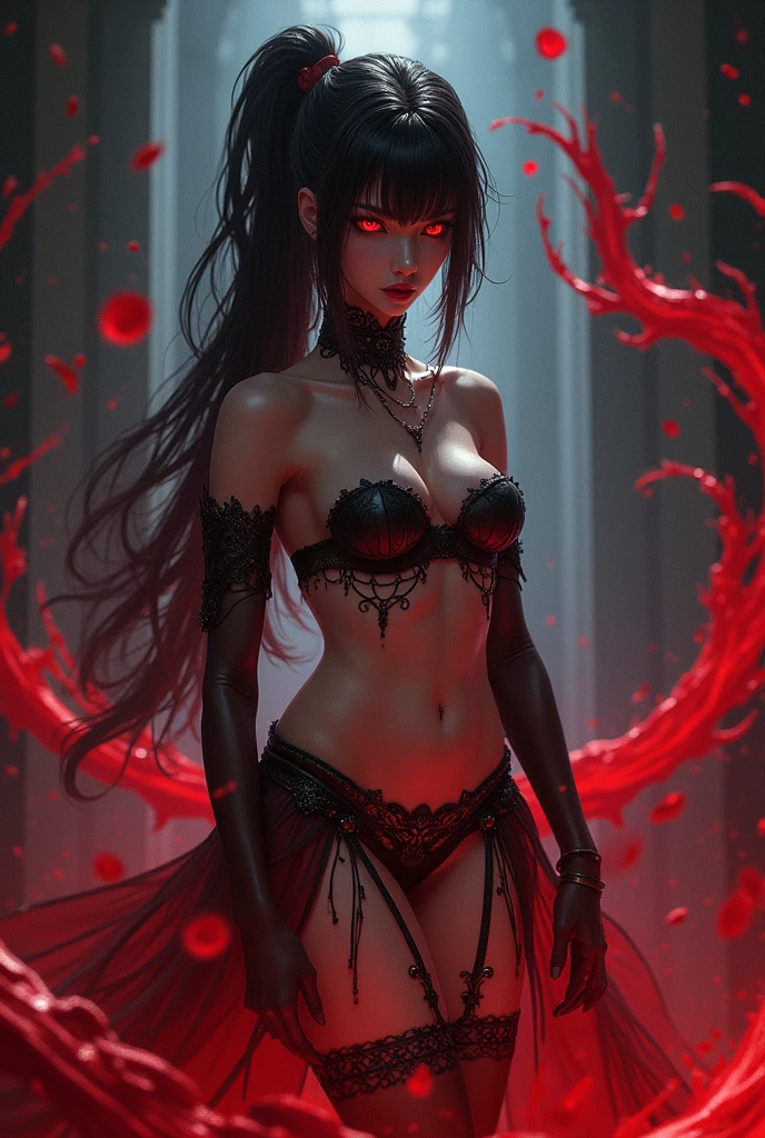 Reflection of a beautiful anime-style SUCUMBUS girl in full-body lingerie only on the sword blade amidst a foggy environment