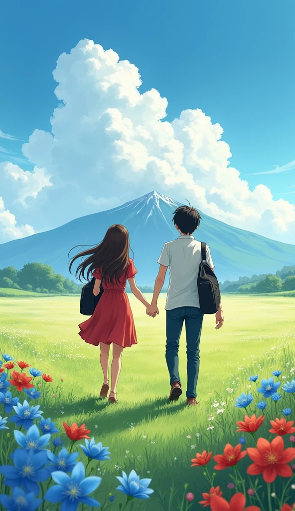 1girl, cloud, outdoors, sky, 1boy, flower, holding_hands, bag, scenery, dress, shirt, field, cloudy_sky, white_shirt, brown_hair, blue_sky, from_behind, short_sleeves, pants, blue_flower, day, shoulder_bag, flower_field, long_hair, red_flower, grass, short_hair, red_dress, school_bag, black_hair, mountainous_horizon, wide_shot, wind