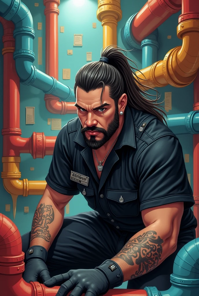 PLUMBER WITH SAMURAI PONYTAIL CUT,low beard ,NORMAL MUSTACHE AND GOATEE,heavy metal style ,black clothing, NOT BEING MUSCULAR ,IN THE MIDDLE OF THE CARTOON PIPES