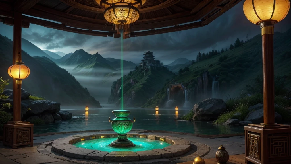 "Create an intricate and mystical scene featuring the legendary pills of Laozi from 'Journey to the West.' The setting should be a tranquil, ancient Taoist temple surrounded by mist-covered mountains. In the center of the image, a large, ornate golden cauldron should be placed on a stone altar, with swirling patterns of energy and light emanating from it. The pills, glowing with a soft, ethereal light, should float above the cauldron, each one radiating a different color—emerald green, sapphire blue, ruby red, and pure white. The pills should have a smooth, almost translucent surface, with ancient Chinese symbols faintly visible on them. Surrounding the cauldron, the environment should include Taoist symbols, ancient scrolls, and incense smoke curling upwards, creating a sense of sacred ritual and mysticism. The overall atmosphere should be one of divine power and serenity, capturing the essence of immortality and enlightenment."