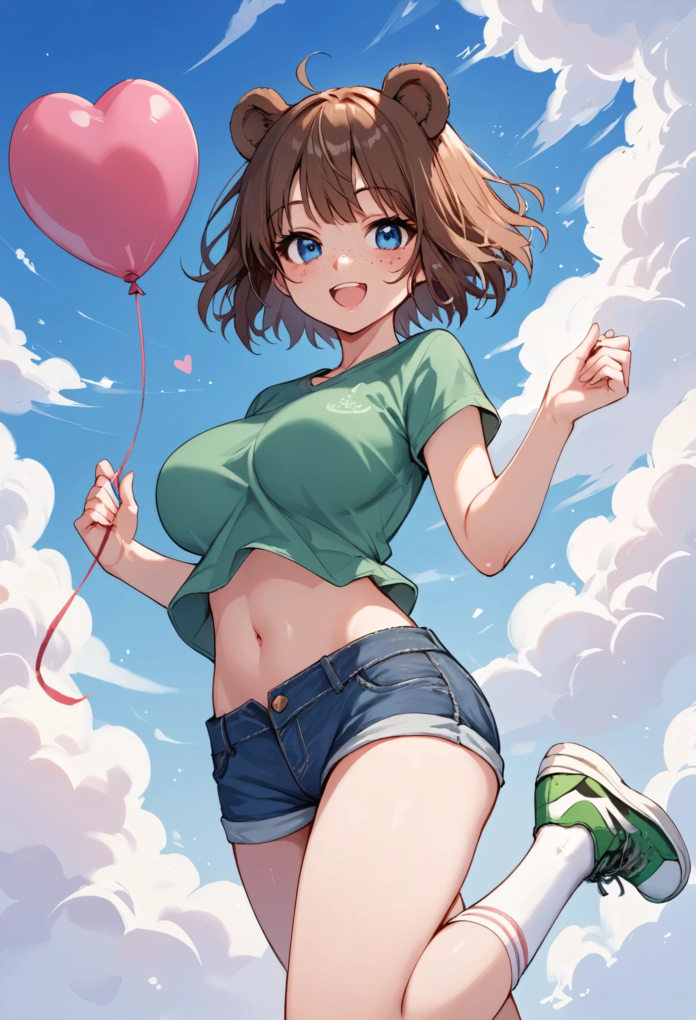 score_9_up, score_8_up, score_7_up, 1girl, solo, source_anime, hourglass figure, Big breasts, kemonomimi, bear ears, brown hair, short hair, messy_hair, blue eyes BREAK freckles, green shirt, short sleeves, navel, denim shorts, high socks, white socks, green sneakers, flying, background sky, cloudy sky, clouds, blue sky, heart balloons, holding balloons, smile, open mouth, blush, looking at viewer 