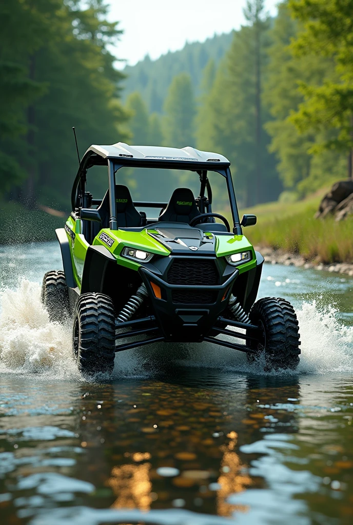 (photorealism:1.2) Green RZR crossing a river
