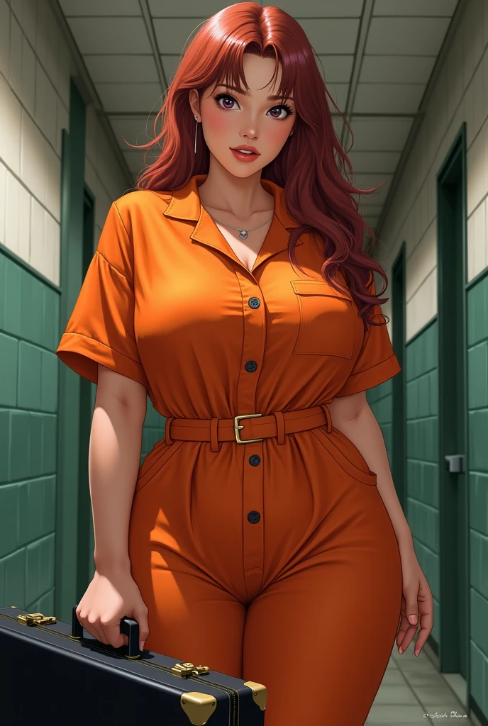 Anime realistic style, Woman with a curvy body wearing an orange prison uniform, posing holding a black suitcase, closeup