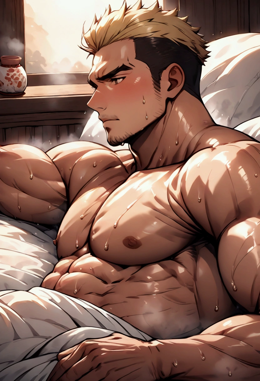 Highest quality、(muscular male:1.2)、(father:0.5)、guy、Blonde、Skin color、Short Hair、Sports haircut、short hair、lying on bed、NYOTAIMORI、(sweat:1.3)、steam