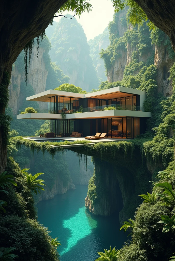 A large modern house with a swimming pool and large bay windows hangs from the ceiling of a huge cave whose walls are covered with vegetation.