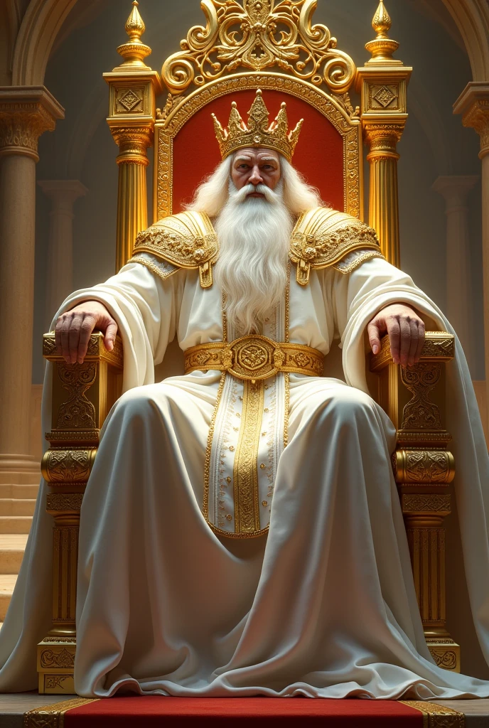 a great king sitting and leaning on a great and exalted throne all of gold. This king has a big white beard, very long white hair, white skin and a golden crown on his head. This being has white clothes, a golden belt and shoulder armor. this king is powerful and majestic.