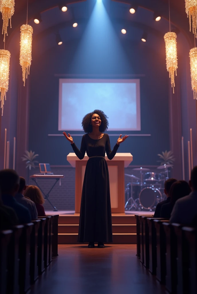 Cartoon girl 3D, disney pixar style, Create a 3D-rendered image showing the view from the congregation towards the altar, which is elevated about 1.5 meters above the floor. The altar is the focal point, with a woman preaching passionately, her face lit up with a joyful and captivating smile. She has black curly hair, with several golden streaks contrasting against the black curls. The curls are not overly voluminous but are not flat against her head either. The background features a black wall with a fabric screen used for a projector. On the left side of the scene, there is a keyboard, and on the right, a drum set is inside an acoustic room with acrylic walls. The ceiling is adorned with crystal chandeliers, each with rope details and suspended by a silver wire forming a spiral. Additionally, spotlights are mounted on the ceiling, casting focused light on the altar. The atmosphere is intimate, with a color palette of black, purple, blue, and gold, while a bright light highlights the woman at the altar, emphasizing the reverence and joy of her worship. The image is rendered in high detail, capturing the depth and realism of the scene.