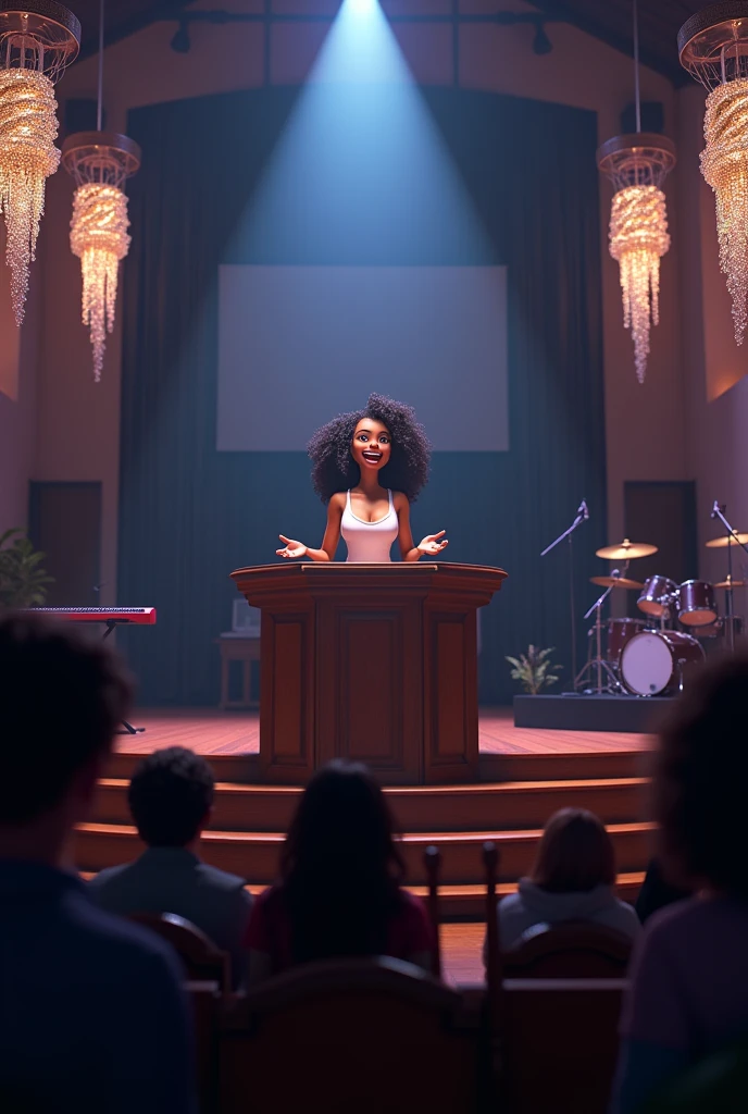 Cartoon girl 3D, disney pixar style, Create a 3D-rendered image showing the view from the congregation towards the altar, which is elevated about 1.5 meters above the floor. The altar is the focal point, with a woman preaching passionately, her face lit up with a joyful and captivating smile. She has black curly hair, with several golden streaks contrasting against the black curls. The curls are not overly voluminous but are not flat against her head either. The background features a black wall with a fabric screen used for a projector. On the left side of the scene, there is a keyboard, and on the right, a drum set is inside an acoustic room with acrylic walls. The ceiling is adorned with crystal chandeliers, each with rope details and suspended by a silver wire forming a spiral. Additionally, spotlights are mounted on the ceiling, casting focused light on the altar. The atmosphere is intimate, with a color palette of black, purple, blue, and gold, while a bright light highlights the woman at the altar, emphasizing the reverence and joy of her worship. The image is rendered in high detail, capturing the depth and realism of the scene.