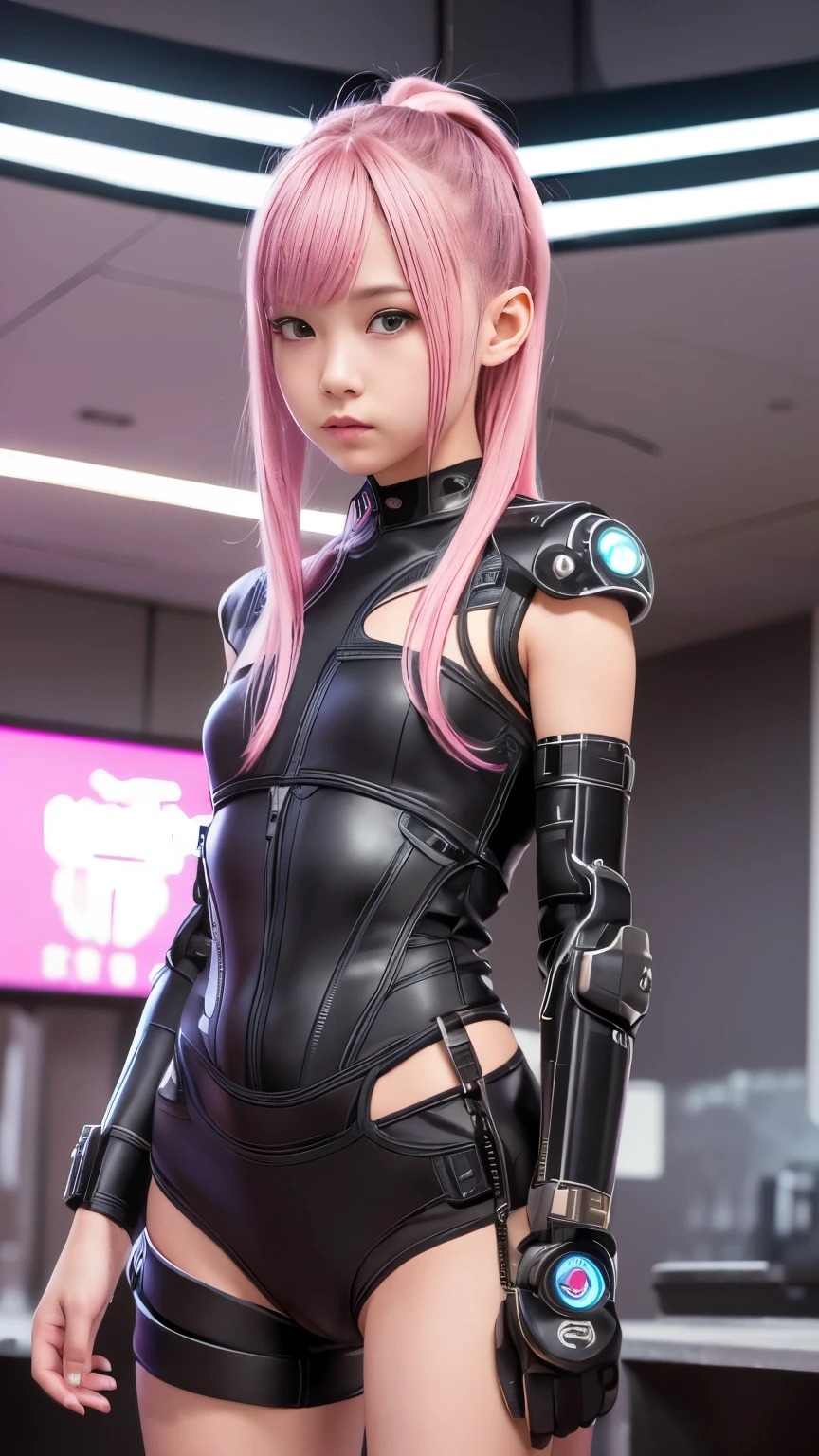 high quality, ​realistic masterpiece, two close friends, Beautiful ten girls, small skinny girls, cute girl face, cyberpunk, Wearing futuristic robotic tactical shear armor cyberpunk suit with cutouts showing body, skinny athletic body showing legs, innocent, playful, Famous actresses of Japan, very beautiful face, pink hair