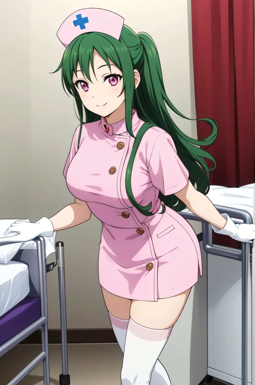 1woman, solo, nurse, white nurse cap, white nurse uniform, ((white legwear, zettai ryouiki)), white gloves, forehead, long hair, green hair, pink eyes, pink lips, smile, standing, ((hospital room)), sharp outline, short sleeves, mature female, 35yo, best quality, masterpiece