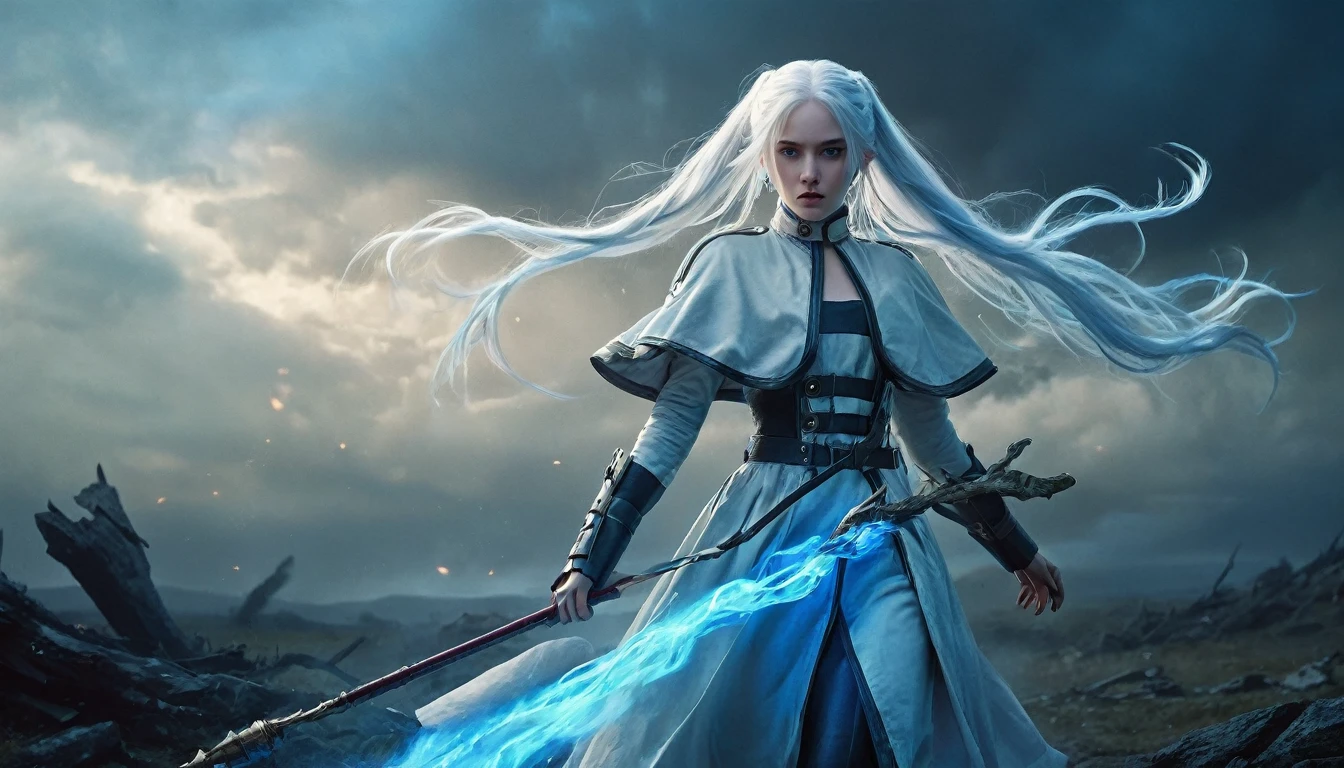 Photorealistic, reality, Frieren standing in the middle of a vast battlefield, her long white hair blowing in the wind, twin tails flowing with the dramatic movement. She holds a beautifully crafted staff, and a brilliant blue light emanates from its tip, swirling around her body like a protective aura. Her green, pointy eyes focus intensely on the magic she is conjuring, while her solemn and contemplative expression remains calm amidst the chaos. She wears her signature white caplet, adorned with jewelry and earrings, while the cinematic lighting emphasizes the hyper-realistic textures of her hair, skin, and clothing. The battlefield around her is dark and desolate, with deep shadows cast across the ground, and a dramatic sky looms overhead. The distant forest is barely visible through the haze, while the intense blue light illuminates the immediate area, creating a powerful and magical atmosphere. Everything is rendered in ultra-realistic 4K and 8K quality, capturing every detail of Frieren’s appearance and the energy surrounding her.