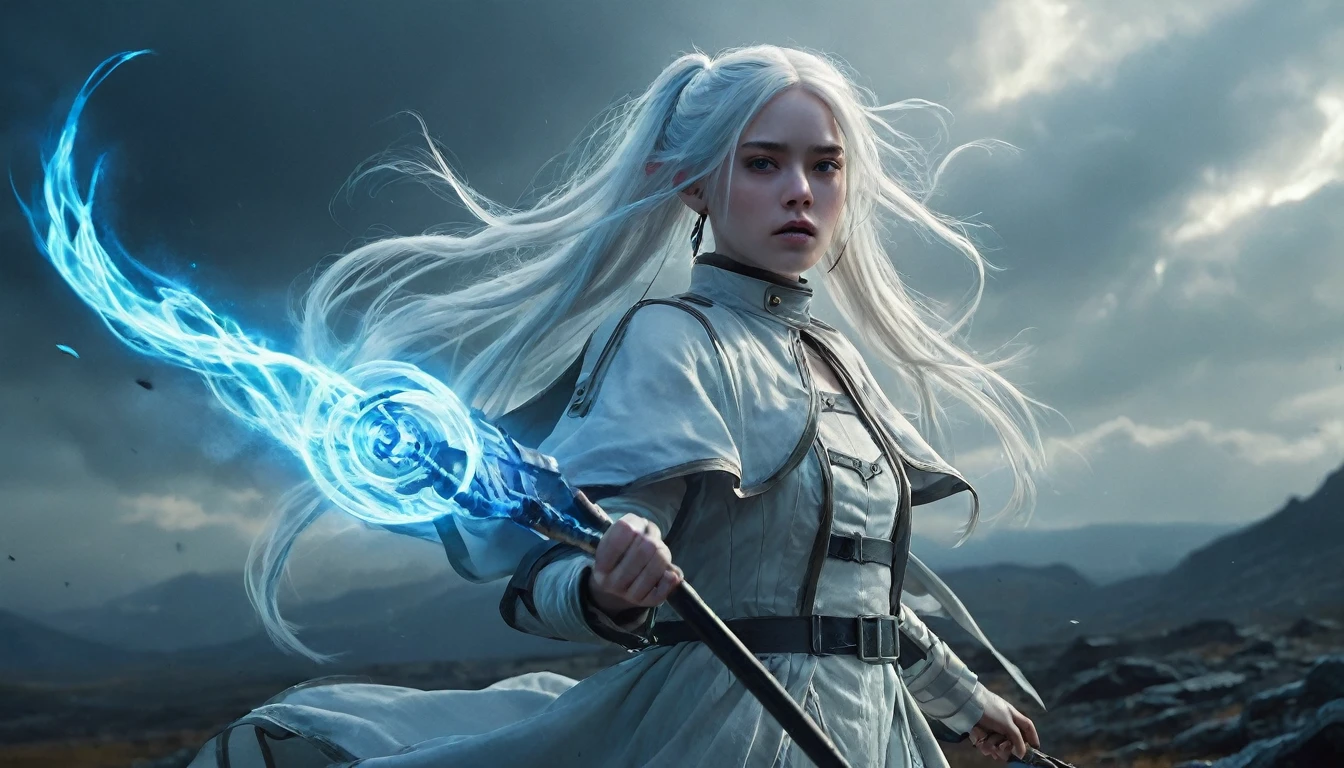 Photorealistic, reality, Frieren standing in the middle of a vast battlefield, her long white hair blowing in the wind, twin tails flowing with the dramatic movement. She holds a beautifully crafted staff, and a brilliant blue light emanates from its tip, swirling around her body like a protective aura. Her green, pointy eyes focus intensely on the magic she is conjuring, while her solemn and contemplative expression remains calm amidst the chaos. She wears her signature white caplet, adorned with jewelry and earrings, while the cinematic lighting emphasizes the hyper-realistic textures of her hair, skin, and clothing. The battlefield around her is dark and desolate, with deep shadows cast across the ground, and a dramatic sky looms overhead. The distant forest is barely visible through the haze, while the intense blue light illuminates the immediate area, creating a powerful and magical atmosphere. Everything is rendered in ultra-realistic 4K and 8K quality, capturing every detail of Frieren’s appearance and the energy surrounding her.