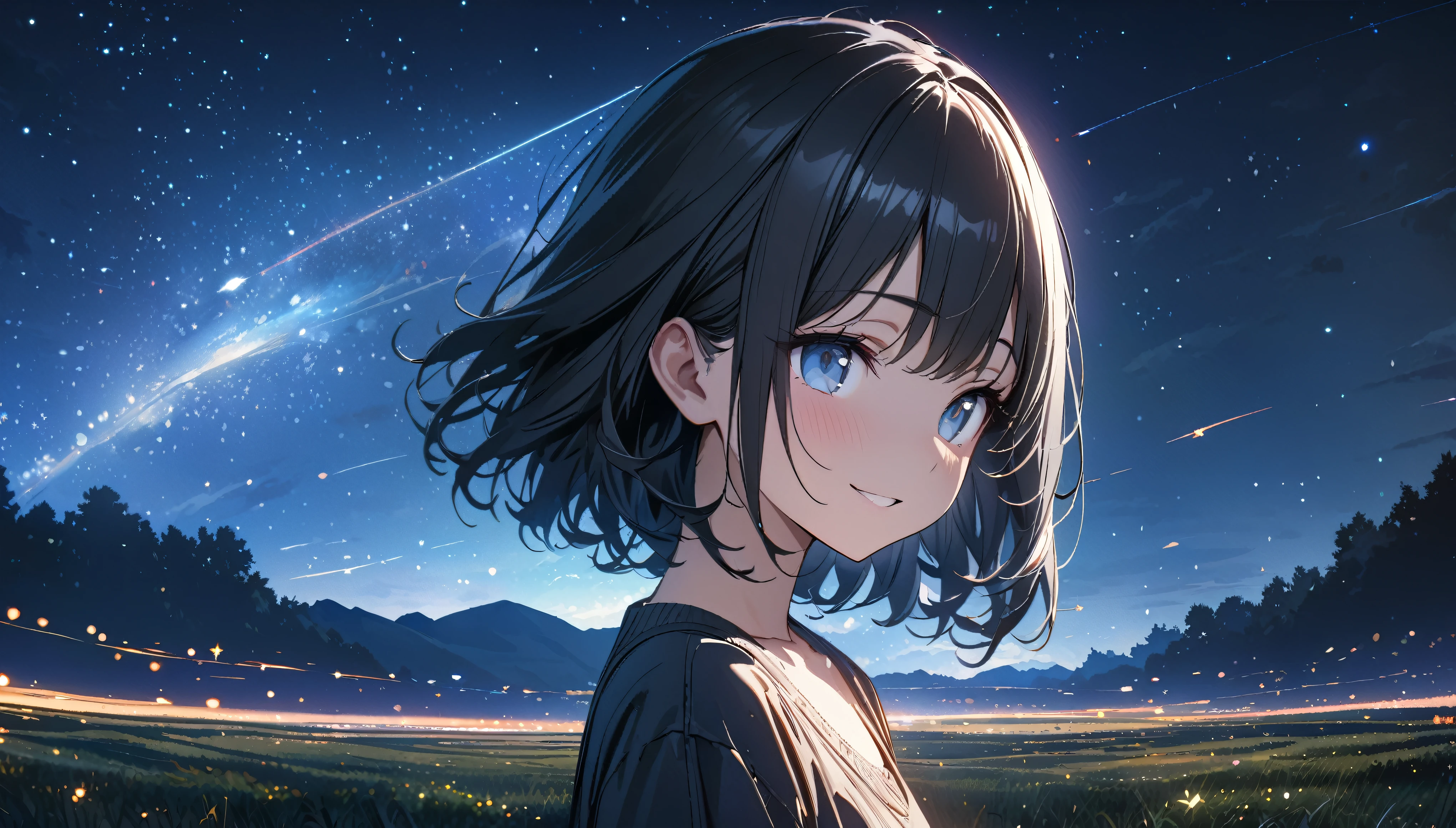 ((ultra-detailed))/(one women with short black hair and bob hair.、beautiful blue eyes,.、smile、gentle smile on her face、flat chest, one Beautiful girl,((masterpiece, illustration, best quality) ((ultra-detailed))/)Masterpiece\,standing on a empty field and standing under a blue starry night sky, night time,upper body,standing on a field which is night time and there is a comet and a lot of stars in the sky,濃い青とBeautiful Blueのグラデーション, High resolution, 8K HD detail, hyper-detail, cinematic, surrealism, soft light, deep field focus bokeh, ray tracing and surrealism. --v6'