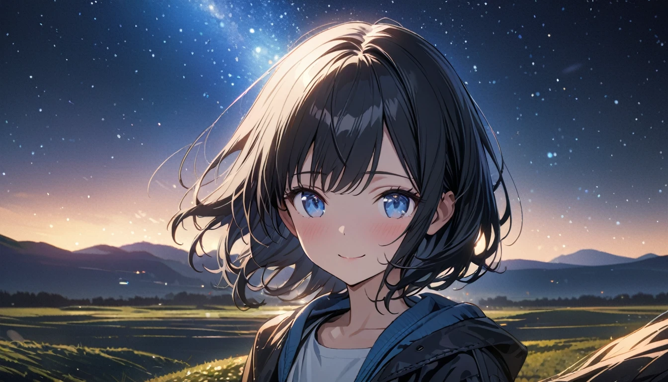 ((ultra-detailed))/(one women with short black hair and bob hair.、beautiful blue eyes,.、smile、gentle smile on her face、flat chest, one Beautiful girl,((masterpiece, illustration, best quality) ((ultra-detailed))/)Masterpiece\,standing on a empty field and standing under a blue starry night sky, night time,upper body,standing on a field which is night time and there is a comet and a lot of stars in the sky,濃い青とBeautiful Blueのグラデーション, High resolution, 8K HD detail, hyper-detail, cinematic, surrealism, soft light, deep field focus bokeh, ray tracing and surrealism. --v6'