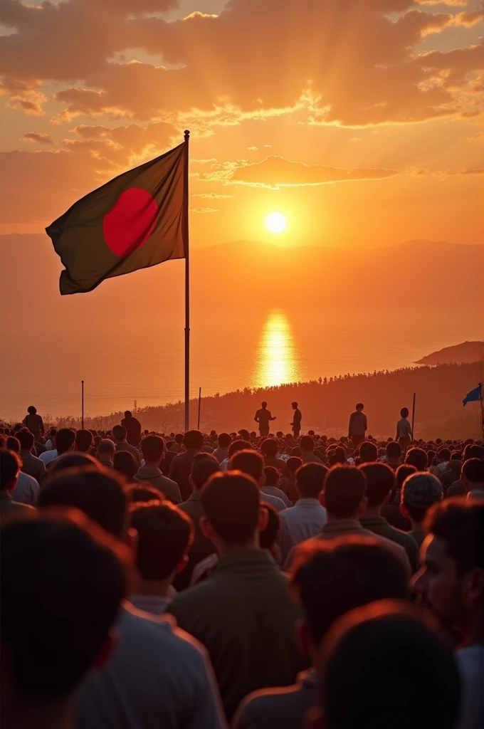 Sun rising and thousands of people are watching this with the flag of Bangladesh in Bangladesh 