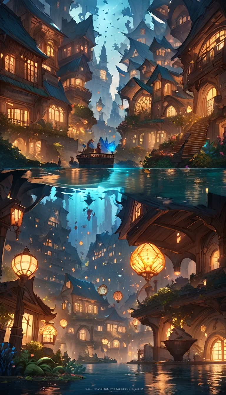 Farbe (fantasy: 1.2), (Miyazaki style), (Irregular buildings floating on the seabed), Patchwork cottage, Moss decorations, coral, lamp, Concept art inspired by Andreas Rocha, Artstation Contest Winners, fantasy art, (Underwater city), Ross Chen, Optical axis, Realistic lamp light, masterpiece, high quality, Beautiful graphics, High Detail, masterpiece, high quality, Beautiful graphics, High Detail,