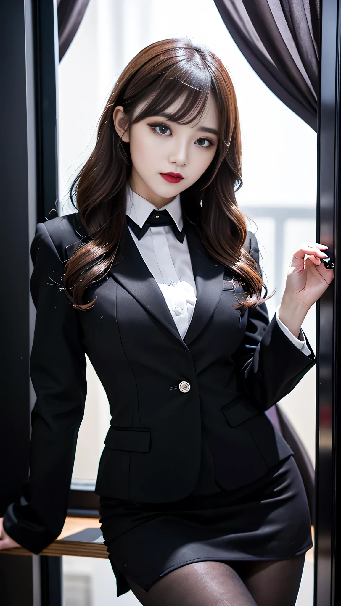 best quality、ultra-detailed、4k、Japanese、Seductive beauty、seductive adult woman、Pretty Woman、cool girl、Villainess、Fallen into evil、smirk、Evil look、Wicked Smile、evil、Brown hair、wavy hair、swept bangs、brainwash makeup、dark makeup、piercing eyes、hollow eyes,half-closed eyes、Hollow Eyes、purple Eyeshadow、black lipstick、black lipglos、office staff suit、suit、Jacket、Black sleeves、White Shirt、Black Ribbon、Tight Skirt、bezyu pantyhose、bezyu stocking、night、inside darkroom、Are standing、shoot from below、Have lipstick、Emblem of Evil、Crest of Darkness、Swear allegiance、I have pledged my allegiance、Dye black、Blackening、Stained with evil、Dyed in darkness、Seduce