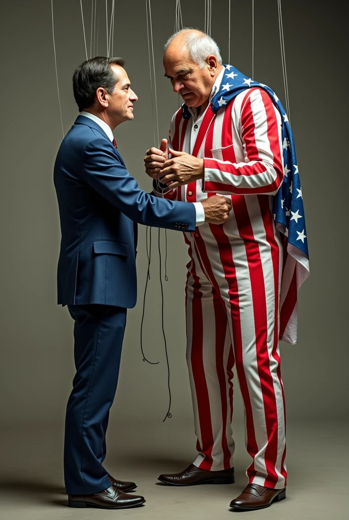 A man wearing an American flag costume controlling a Fulgencio Batista doll like a marionette.