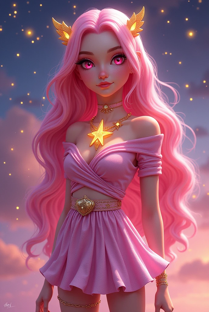 Star Darlings. Libby from Star Darling. Libby has long, shiny hair and pink eyes. Her wardrobe and pretty much everything else about her is pink too. Her style doesn't only show her status in the world but also has an "I'm rich but humble" look. Her outfit consists of a wrapped blouse with a star clasp, a star-embellished skater skirt, glitter tights and a pair of Mary Jane wedges to complete her look. Like all Starlings, she has slightly sparkly skin and a rosy complexion. A constellation of golden stars rings Libby's dazzling necklace, wish energy rippling across the stars. On Wishworld, the necklace will glow to alert Libby when she's close to the right Wisher. Starland is a planet and irregularly shaped celestial body inhabited by Starlings. Due to its bright yellow glow, it resembles a star from a distance. Starland resembles Earth or Wishworld, possessing unnamed continents and oceans, large cities and various landscapes. It’s most notable trait is the widespread wish energy that makes nearly, if not all parts of the planet glimmer. It hosts unique flora and fauna that are often edible. Unlike Wishworld, Starland lacks marine animals such as fish. In the series it appears to be nighttime constantly, while in artwork daylight skies are shown. In the books they’re heavily implied to experience daytime, supported by the presence of a Sun in their solar system as well as Lightfall. Just like Wishworld, Starland gets rain, snow, wind, and lots of sunlight. However snow takes a form heavily resembling confetti, as it appears as colorful shining flakes. Rain is also more of a glittery wet mist in various colors than clear drops of wather. Starlings are a species of humanoid beings who inhabit the planet of Starland, being the dominant species and providing energy to power their civilization. Starlings are largely indistinguishable from humans, or Wishlings, possessing a range of skin tones from pale to darker skin, body types, as well as various eye and hair colors.