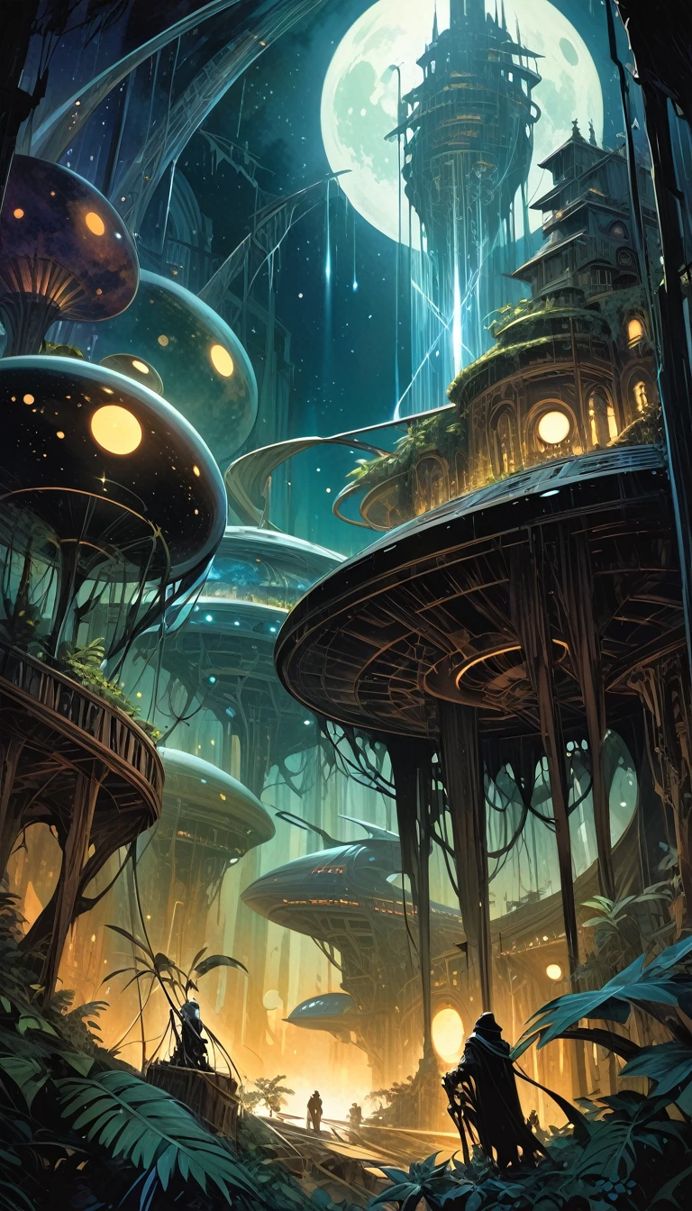 Enter the mysterious nighttime expanse of a deserted city, where moonlight cascades down on the skeletal remains of wooden structures, intertwined with the sturdy tendrils of jungle vegetation. Arriba, The cosmic tapestry is interrupted by the great spaceship. A surreal alliance of desolation and extraterrestrial presence unfolds beneath the twin moons, creating an enigmatic atmosphere over the abandoned cityscape -inspired by the art of Bill Sienkiewicz and Dave McKean