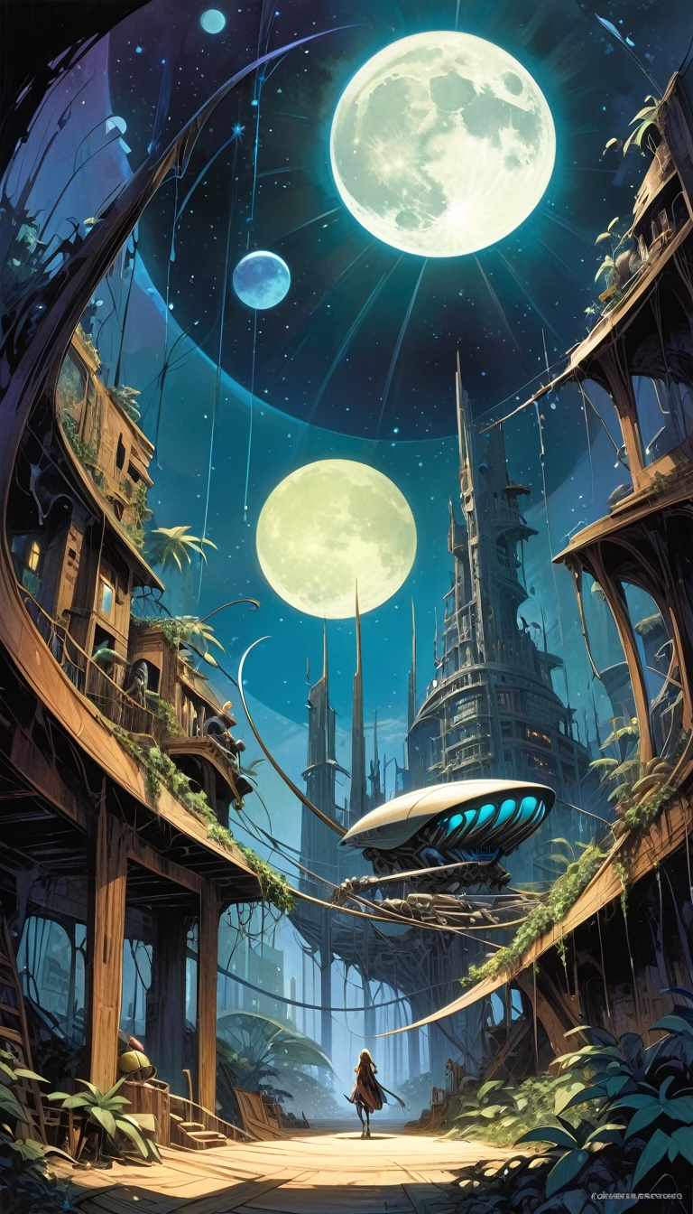 Enter the mysterious nighttime expanse of a deserted city, where moonlight cascades down on the skeletal remains of wooden structures, intertwined with the sturdy tendrils of jungle vegetation. Arriba, The cosmic tapestry is interrupted by the great spaceship. A surreal alliance of desolation and extraterrestrial presence unfolds beneath the twin moons, creating an enigmatic atmosphere over the abandoned cityscape -inspired by the art of Bill Sienkiewicz and Dave McKean